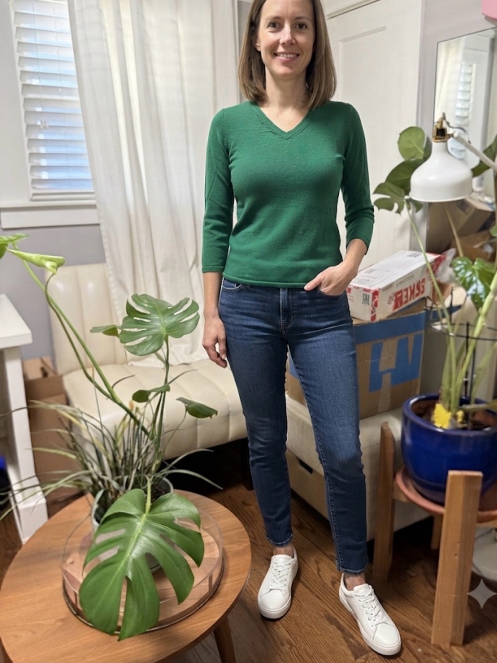Burberry Green V-Neck Three-Quarter Sleeve Sweater